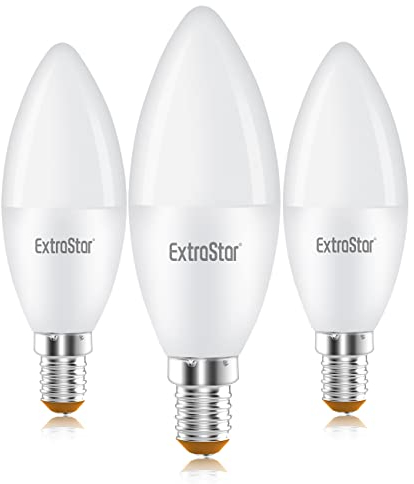 EXTRASTAR E14 LED Candle Light Bulbs, 6W SES Cool White 6500K Daylight Energy Saving Bulb, 42W Equivalent, Small Edison Screw C37 Light Bulb, 510LM, Non-Dimmable, Pack of 3