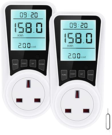Electric Usage Monitor 2 Pcs, Besvic Energy Monitor with Backlight LCD Display, 7 Monitoring Modes Power Meter, Voltage Amps Wattage KWH Consumption Monitor, 2900W/13A Overload Protection, UK Plug