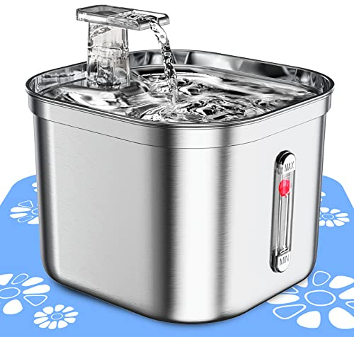 MISFANS Pet Water Fountain Stainless Steel,74oz/2.2L Automatic Water Dispenser with Water Level, Replacement Filter Kit and Silicone Mat Suitable for Cat, Dogs
