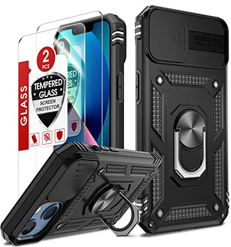 LeYi for iPhone 13 6.1'' Case and Screen Protector, Camera Lens Slide Design, Military Grade Protective Shockproof Phone Cover with Ring Stand Holder | Camera Protection | Black