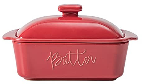 FE Butter Dish, 10 oz Ceramic Butter Keeper with Water Line, French Butter Dish with Lid for Countertop (Apple Red)