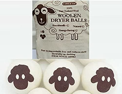 Copper Top - 6Pack Premium Organic New Zealand Wool,Natural Fabric Softener for Sensitive Skin-Reusable Laundry Dryer Balls,Reduce Wrinkles & Save Time, Baby Safe & Hypoallergenic
