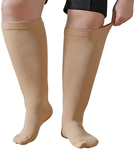 PUTUO Damen Dicke Waden Kompressionsstrümpfe: Herren Kompressionssocken übergröße Stützstrümpfe Männer Kompressionssocken Frauen Thrombosestrümpfe für Sport Flug Beige 2XL 1 Paar