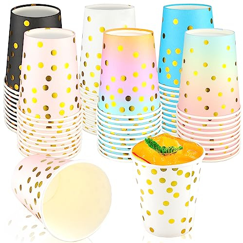 Pappbecher Einwegbecher Bunte Trinkbecher Becher Einweg mit Gold Dot Partybecher 250ml Disposable Paper Cups Papierbecher für Party Weihnachtsfeier Kinderparty Hochzeit 60 Stück (A)