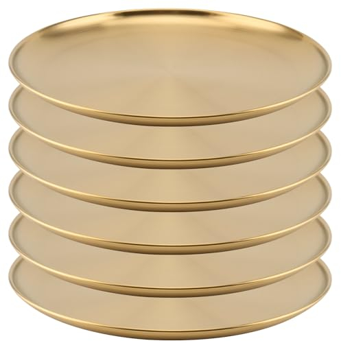 MOUYAT 6 PCS 12 Inch Large Stainless Steel Plate, 30cm Round Dinner Metal Plates, Metal Salad Steak Plates Reusable Dinner Dish for Eating Serving Camping Outdoor BBQ Home Kitchen, Frosted Gold