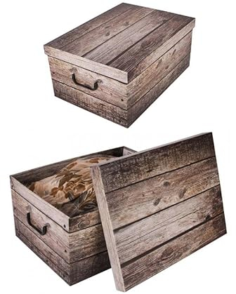 Kreher® 2 Stück Aufbewahrungsbox mit Deckel, Deko Papp-Karton, Stapelbox, 45 Liter mit Griffen, 51 x 37 x 24 cm (Holz Grau)