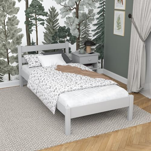 N-wood N01 Massivholzbett 90x190 cm, Bettgestel mit lattenrost, Bett für Kinder, Jugendliche und Erwachsene, sichere abgerundete Kanten, Hochwertige und umweltfreundliche Lacke, Grau