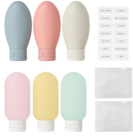 6-Piece Travel Set with 1-Piece Full English Label and 2-Piece Storage Bag, Refillable Squeeze Bottles, Silicone Travel Bottles, Empty Travel Bottles for Toile