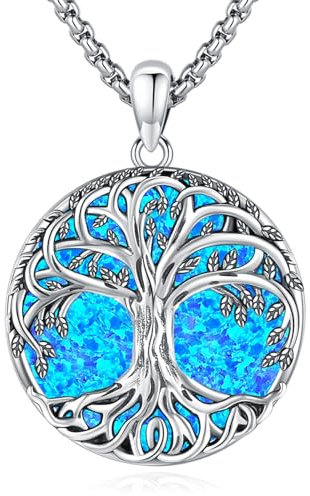 Eusense Collier de l'arbre de vie pour femmes en argent 925 avec pendentif en opale bleue Chaîne pour femmes filles cadeaux d'anniversaire