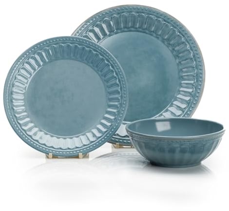 FLAMEFIELD VINTAGE BLUE 12-Piece Melamine Set - Elegantes, von der Riviera inspiriertes Geschirr, langlebig und bruchfest für luxuriöses Essen, jede Mahlzeit ein exquisites französisches Erlebnis
