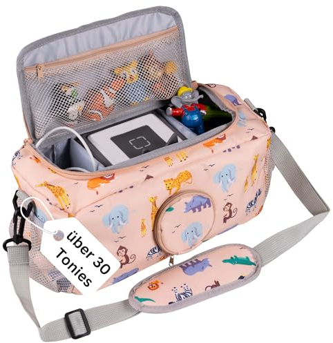 bunnyboo Toniebox Tasche für 30 Hörfiguren - Ideale Tonie Aufbewahrung - Tonie Tasche XXL - Ausreichend Platz für Toniebox, Hörfiguren, Ladekabel und Kopfhörer - Inkl. Schultergürtel… (Safari)