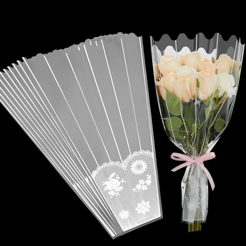 LATERN 100 Pièces Sac de Bouquet de Fleurs, 45CM Sacs D'emballage de Fleurs en Plastique Pochette Cellophane pour Bouquet Floral Transparent avec Décor de Bande et de Dentelle (Dos Argenté)