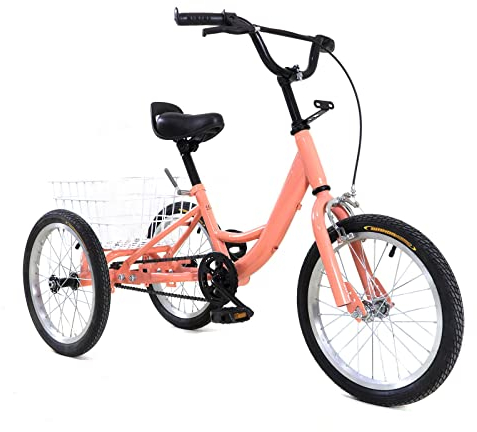 16 Zoll Kinderfahrrad Dreirad, Kinderdreirad, Kinder Fahrrad Dreirad Kinderkraft mit geräumigem Korb, Verstellbarer Lenker und Sattel (Hellorange)