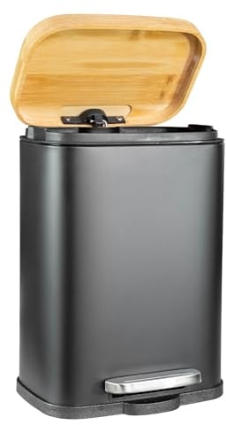 Solly´s 5L Kosmetikeimer mit Bambus Deckel, Bad Treteimer mit Absenkautomatik, pulverbeschichtet, rutschfestet, Schwarz