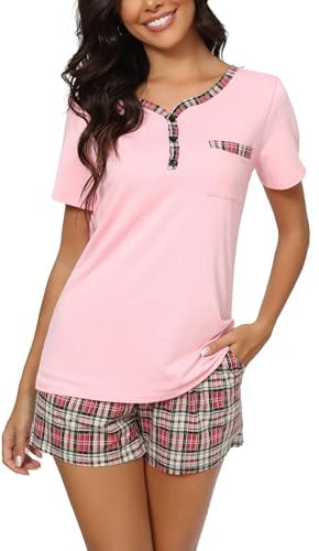 Yukiuiny Pyjama Femme Ensemble Coton Plaid Vêtement d'Intérieur Tee Shirt Manches Courtes Col V Boutons Vêtement de Nuit Pantalons de Pyjama Printemps Été Douce Confortable B-Rose+Carreaux M