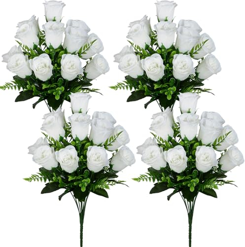 SIFOEL Fiori di rosa artificiali bouquet realistico seta rosa fiori finti per matrimonio casa centrotavola partito cimitero tomba decorazione (4, Bianco)