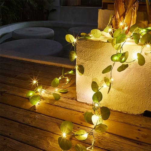 Romcade 2 Pack 6.56ft Artificial Eucalyptus Vine Lights Fake Leaf Plants String Lights 20 LED Vine Fairy String Lights for Home Kitchen Indoor Holiday Festival Wedding Party Wall Decor