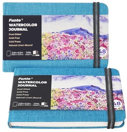 Funto Watercolor Journal 2-Pack, 3.5x5.5in, Blue Cloth Cover, Acid-Free Wood Pulp Paper, Suitable for All Ages, Perfect for Trave