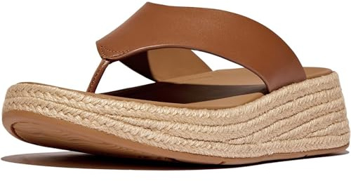 Fitflop F-Mode Damen Espadrille Leder Flatform T/Post Sandalen, Deep Tan, 38 EU