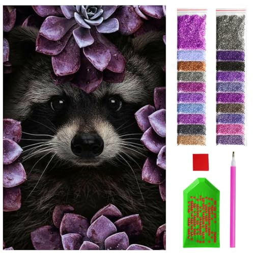 ARTULIO Diamond Painting 60x40 cm - Waschbär in violetten Blumen | Komplettset für Erwachsene: Leinwand, 29.892 Diamanten, Stift, Tablett und Kleberkissen - Malen mit Diamanten