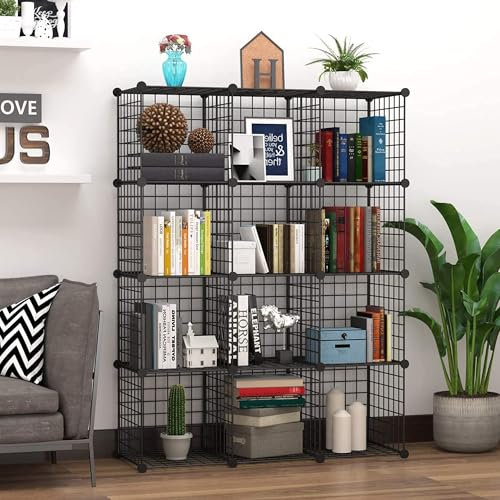 Hawthyhome Cube Storage Unit, 12 Cube Wire Storage Shelves Set, Multifunctional DIY Bookcases and Shelving Units Perfect for Office/Livingroom/Kitchen/Bathroom, Black (48x35.83x12.20)