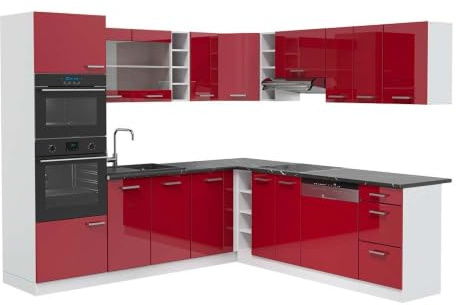Vicco Eckküche R-Line, Rot Hochglanz/Weiß, 247 x 237 cm | 14 Module · Höhenverstellbare Füße · Arbeitsplatte Anthrazit · Robuste Fronten · Mit Backofen-/Mikrowellenschrank