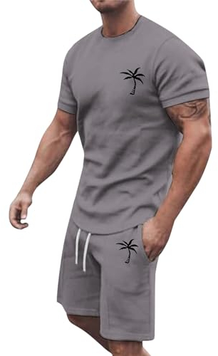 GXYANiaoy Sommer Outfit Herren 2 Teiler Trainingsanzug mit Aufdruck Palme Zweiteiler Sportanzug Kurze Hosen + T Shirt Set Kurzarm Jogginganzug Freizeitanzug Casual Outfit Tracksuit Sport Set Männer