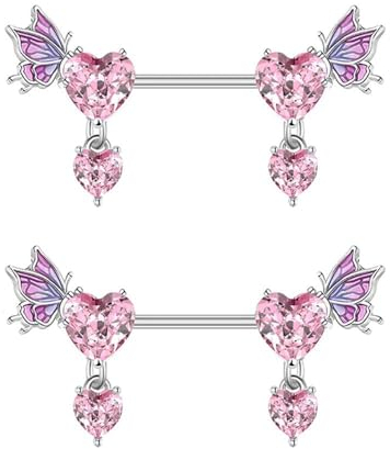 Hebterrka 2 Stück Rosa Herz Brustwarzenringe für Frauen 14G 16mm Chirurgenstahl CZ Strass Schmetterling Hängende Brustwarzen Schild Studs Körperschmuck Geschenke