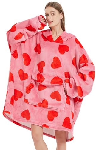 Mewkou Decke für Erwachsene, tragbare, übergroße Sherpa-Fleece-Decke, Hoodie für Damen und Herren, Herz