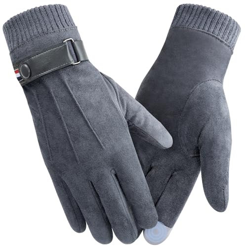 Kiiwah Handschuhe Herren Winter, Wildleder Dick Warmer Plüsch Touchscreen Handschuh mit Fleece Futter, Winddicht Thermo Anti-Rutsch Winterhandschuhe für Outdoor Indoor(Grau)