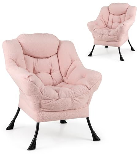 HOMASIS Relaxsessel gepolstert, Ohrensessel mit Armlehnen & Kopfkissen, Lesesessel mit Seitentasche, Fernsehsessel aus Stoff & Metall für Wohnzimmer Schlafzimmer (Modell 1 ohne Hocker, Rosa)