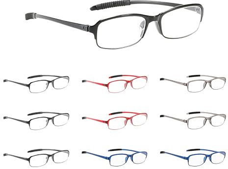 NRDIK PROFLEX SpareSpecs Reading Glasses (value 10 pack) - lightweight impact resistant, scratch resistant, bendy, flexible, anti-slip, unisex (mens + womens) (Black, Blue, Grey and Red; +2.5)