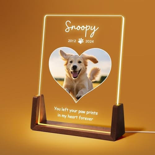 Jodimitty Personalisiert Haustier Gedenktafel aus Acryl, optionales LED-Licht und Holzsockel, mit Foto und Text, Gedenkgeschenke Bilderrahmen Andenken an verstorbenen Hund Katze (Stil E)