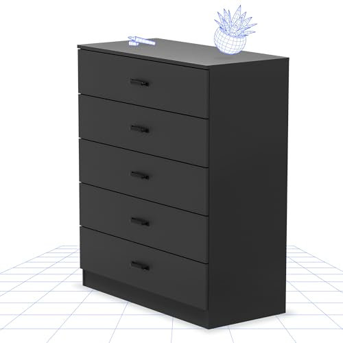 FLEXISPOT Kommode mit 5 Schubladen 36 x 75 x 90 cm Sideboard mit RIESIGEN Stauraum für Schlafzimmer und Wohnzimmer verstärkten Schubladenschienen und Kippschutz Schwarz