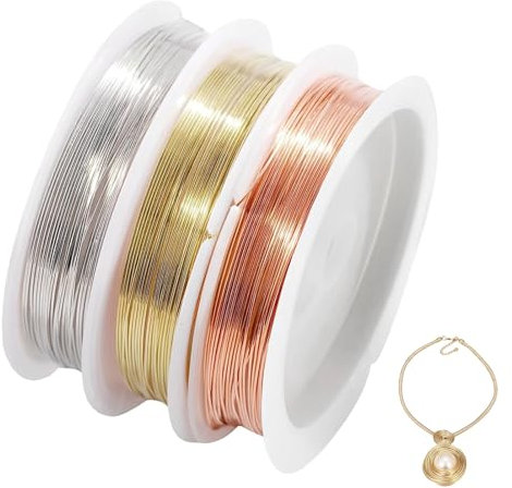 3 rollos de alambre para joyas, alambre para joyas, alambre de 0,5 mm x 6,5 m, alambre para manualidades, alambre de cobre, alambre de perlas, alambre para manualidades, dorado, plateado, oro rosa