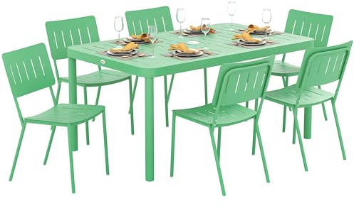 Outsunny Terrassenmöbel, Sitzgruppe Outdoor, 7-teilig, Gartentisch für den Außenbereich, mit 6 Stühlen, Lattenrost-Platte 150 cm, Stahlgestell, rostfrei, Gartenmöbel, Grün