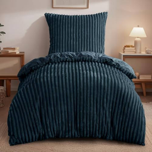 RUIKASI Winter Flanell Bettwäsche 135 x 200 Blau 2teilig, Plüsch und Warm | Kuschelige Flauschige Winterbettwäsche, Cord Teddy Fleece Cashmere-Touch Bettbezug mit Reißverschluss + 1 Kissenbezug 80x80cm