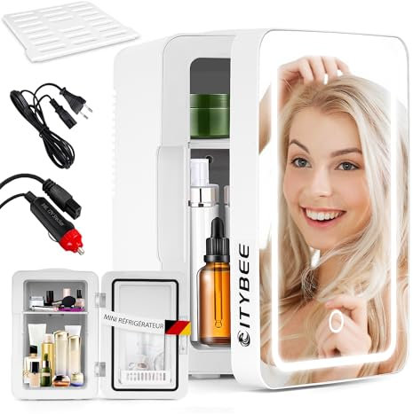 Mini Kühlschrank Fridge 6L - Kühlschränke Klein 12V 230V Läuft Leise mit Spiegel&LED-Beleuchtung - Skincare Kühlschrank für Kosmetik Schönheitspflege-Kosmetik Kühlschrank Ideal für Auto (Weiß)