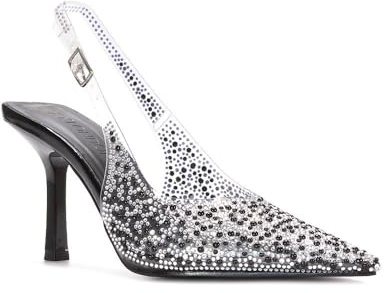 ESSEX GLAM Women's Clear Perspex Court Shoes Ladies Pointed Toe Buckle Pearl Jewel Party Sandals Size 3-8