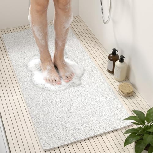 HITSLAM Tapis de Douche Antiderapant, 88 x 40cm Long Tapis de Baignoire Antidérapant, Loofah en PVC Souple Tapis Antidérapant Baignoire, sans Ventouse Tapis de Bain, Séchage Rapide, Blanc