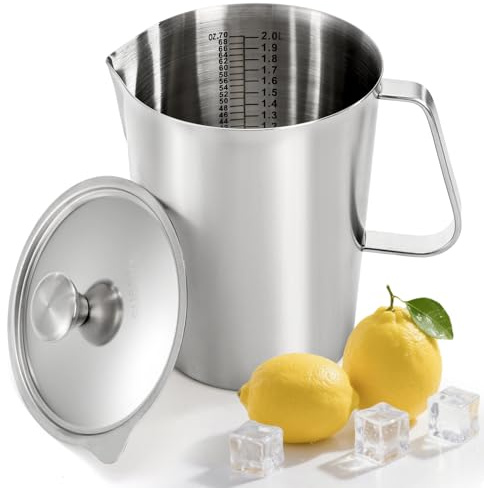 Noamus Stainless Steel Pitcher with Lid, 79oz/2.3L 304 Metal Measuring Cup with Marking&Handle, Large Mouth Graduated Beakers, Milk Frothing Jug Water Pitcher for Coffee Latte Art Machine Iced Hot Tea