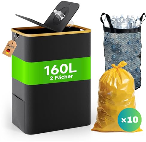 RMAN® 160 l gul påse stativ + pantflaskor samlarbehållare med lock | Papperskorg 2 fack, vattentät, vikbar, 2-i-1, stor sopsäcksställ, med 10 gula soppåsar, kök, hushåll