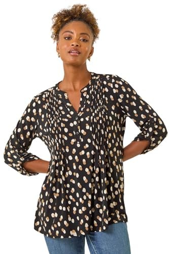 Roman Originals Pintuck Shirt for Women Ladies Jersey Blouse Collarless Top Flare Crinkle Notch Neck Tunic 3/4 Length Sleeve Longline Smart Casual Party Going Out - Noir Spot - Size 14