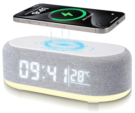 LIDOUYA 4 In1 Digitaler Wecker, Wireless Charger, Intelligenter Wecker mit Licht und Temperaturanzeige, Helligkeit einstellbar