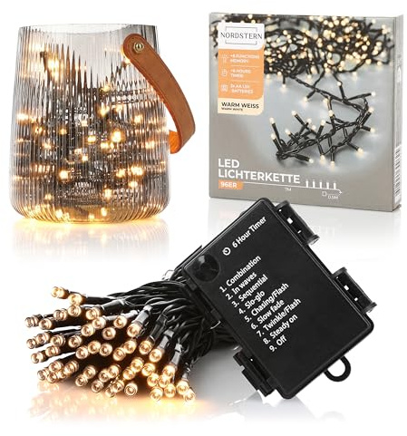 Nordstern LED Lichterkette Warmweiß 96 LEDs - Beleuchtung für Innen & Außen 7 m inkl. Timer und 8 Leuchtmodi - Batteriebetriebene Weihnachtsbeleuchtung