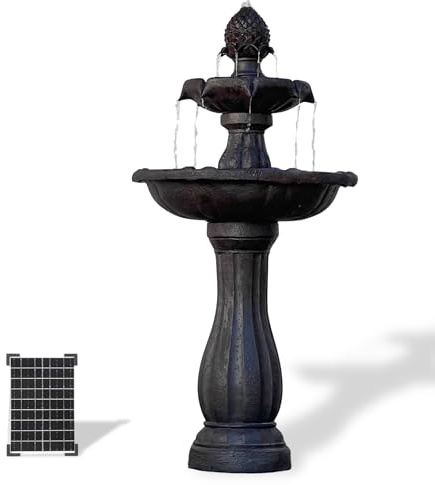 XBrand 44 Solar Outdoor Water Fountain 2-Tier Fiberglass/Resin with Solar Panel Pump, Auto Shut-Off, Weather-Resistant, Dark Brown