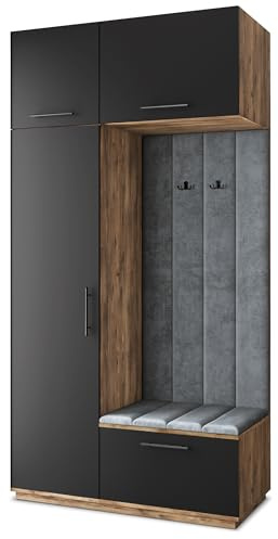 Masseno Flugarderoben Set Rema, Kleiderschrank-Set mit Sitzbank, Garderobenschrank Flur mit 5 Regalböden, Eiche Lefkas/Schwarz