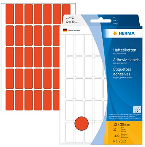 HERMA 2352 Vielzweck-Etiketten, 1120 Stück, 12 x 30 mm, 35 pro Bogen, selbstklebend, Haushaltsetiketten zum Beschriften, matt, blanko Papier Klebeetiketten Aufkleber, rot