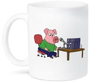 3dRose mug_251936_1 Funny Pink Pig Using Ham Radio Cartoon, Ceramic, White