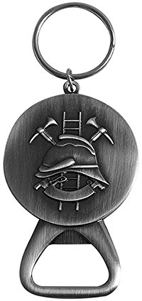 Schlüsselanhänger mit Flaschenöffner Medaille mit Feuerwehr Emblem - Helm, gekreuzte Äxte, Leiter, Silber, hochwertig, Weihnachtsfeier Ehrung Beförderung Tombola